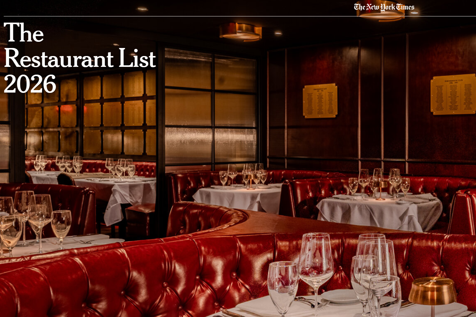 The New York Times’ Restaurant List 2026 graphic featuring a restaurant dining room with red leather booths and white tablecloths.